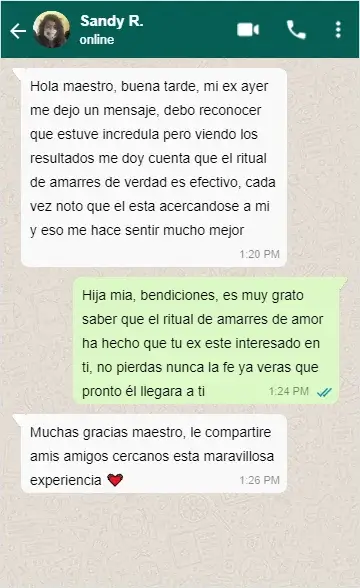 Testimonio WhatsApp de cliente con amarre de amor exitoso