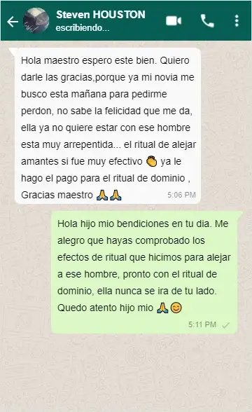 Chat de cliente satisfecha con ritual de retorno de pareja