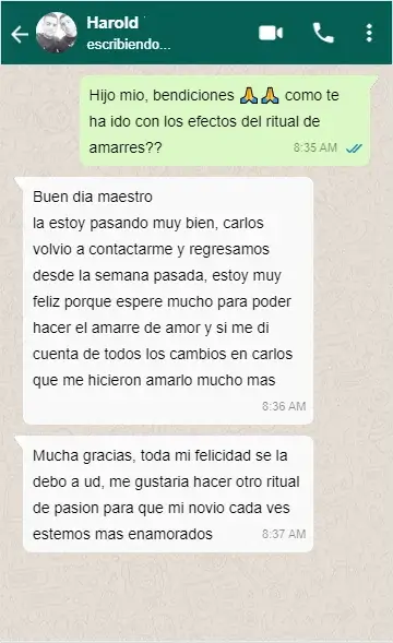 Conversación WhatsApp de cliente con resultado positivo de los brujos